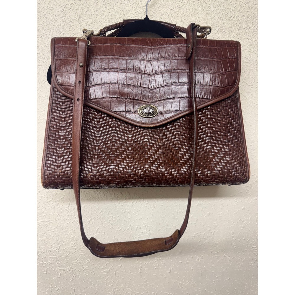 Brighton Vintage Brown Leather Woven Croc Embossed Briefcase Messenger Bag